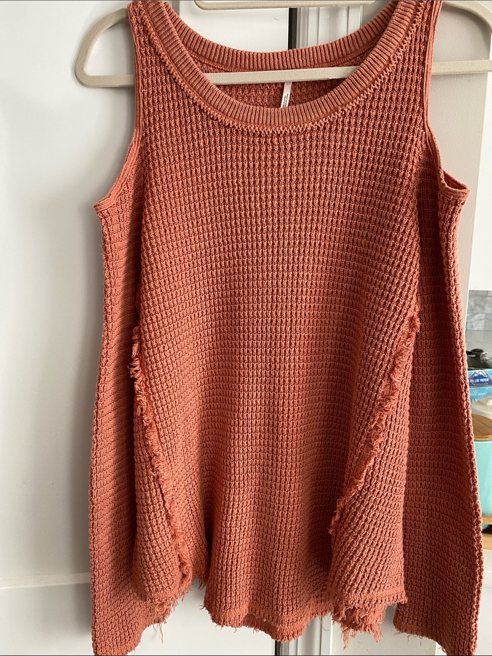 Free People Light Terracotta Waffle-Knit Distressed Cold Shoulder Top